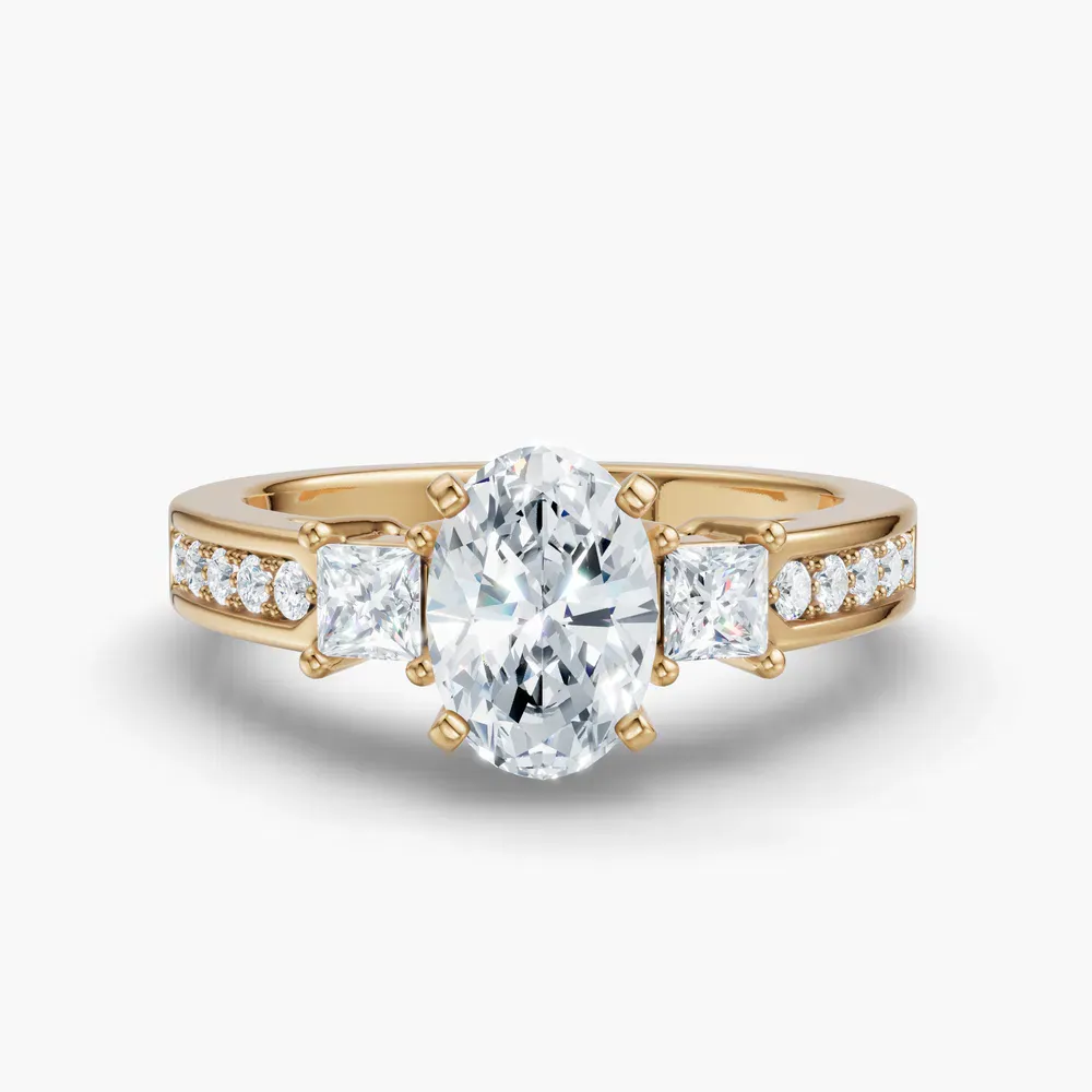 Certified 1 carat Lab Grown Diamond Oval Cut Three Stone, Pavé, Channel Set Engagement Ring in 14K Yellow Gold-Velis