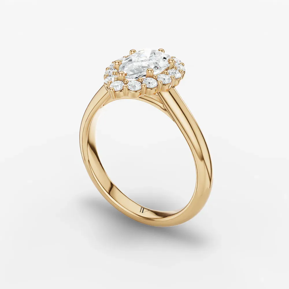 Certified 1 carat Lab Grown Diamond Pear Cut Cathedral, Halo, Floral Engagement Ring in 14K Yellow Gold-Arwen