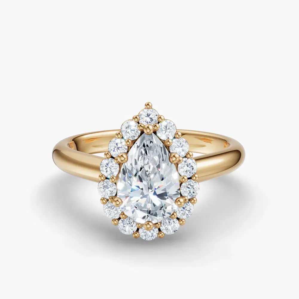 Certified 1 carat Lab Grown Diamond Pear Cut Cathedral, Halo, Floral Engagement Ring in 14K Yellow Gold-Arwen