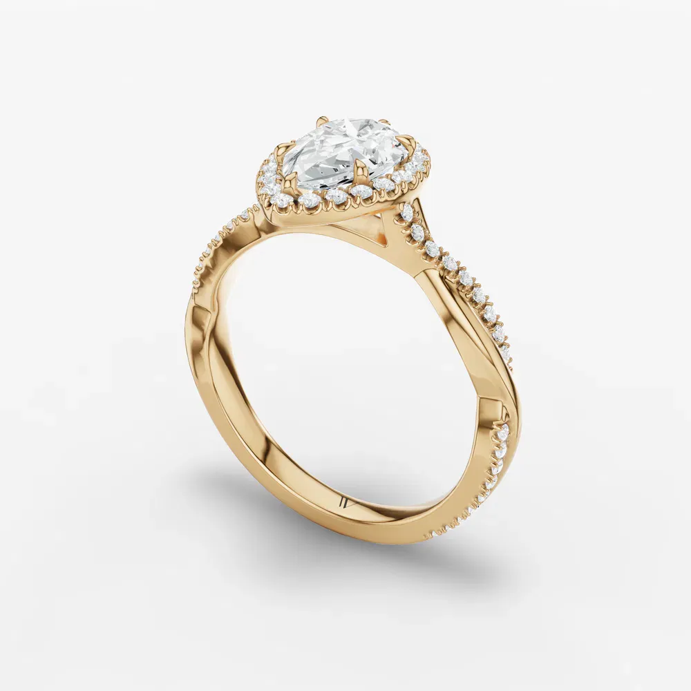 Certified 1 carat Lab Grown Diamond Pear Cut Twist, Cathedral, Pavé Engagement Ring in 14K Yellow Gold-Itic