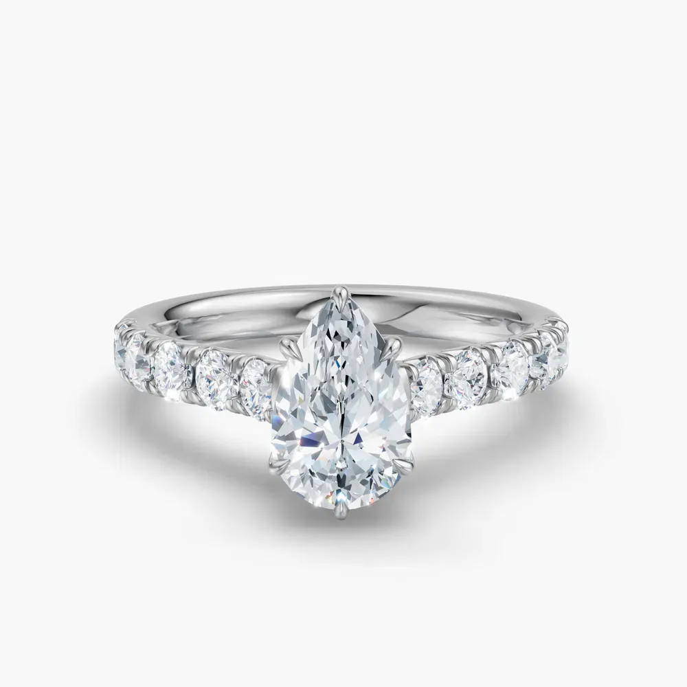 Certified 1 carat Lab Grown Diamond Pear Cut Pavé, Cathedral, Low profile Engagement Ring in 14K White Gold-Israfil