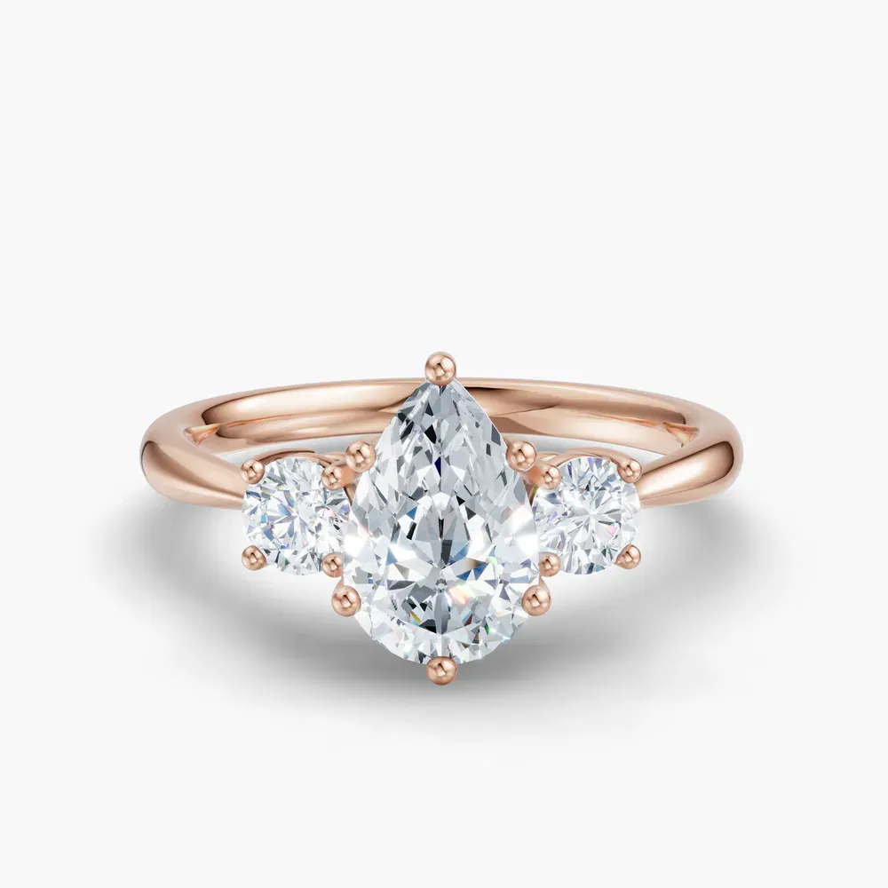 Certified 1 carat Lab Grown Diamond Pear Cut Three Stone, Side Stone, Low profile Engagement Ring in 14K Rose Gold-Dhyra