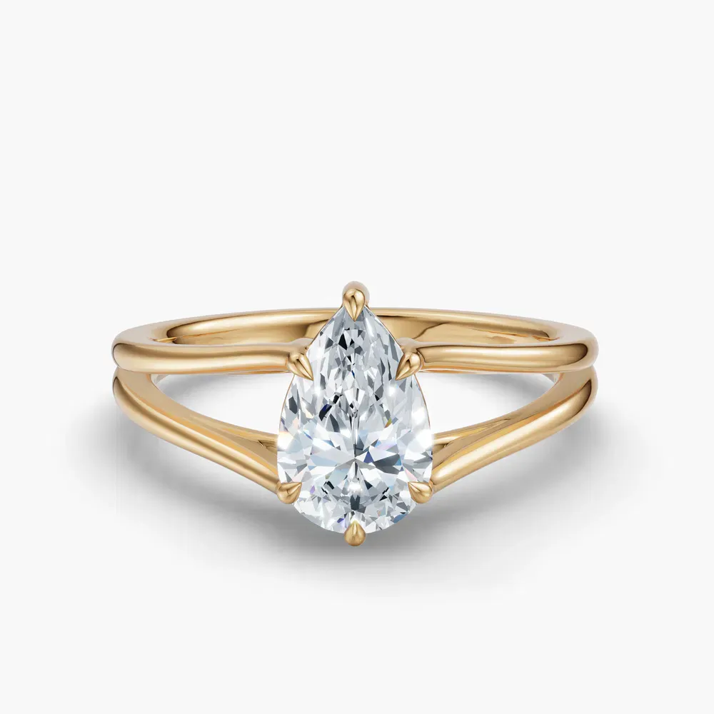 Certified 1 carat Lab Grown Diamond Pear Cut Split Shank, Solitaire, Low profile Engagement Ring in 14K Yellow Gold-Wraith