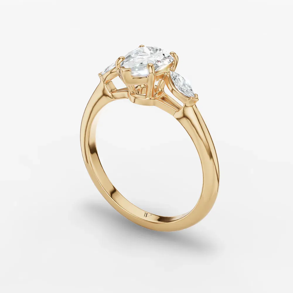 Certified 1 carat Lab Grown Diamond Pear Cut Three Stone, Side Stone Engagement Ring in 14K Yellow Gold-Glow