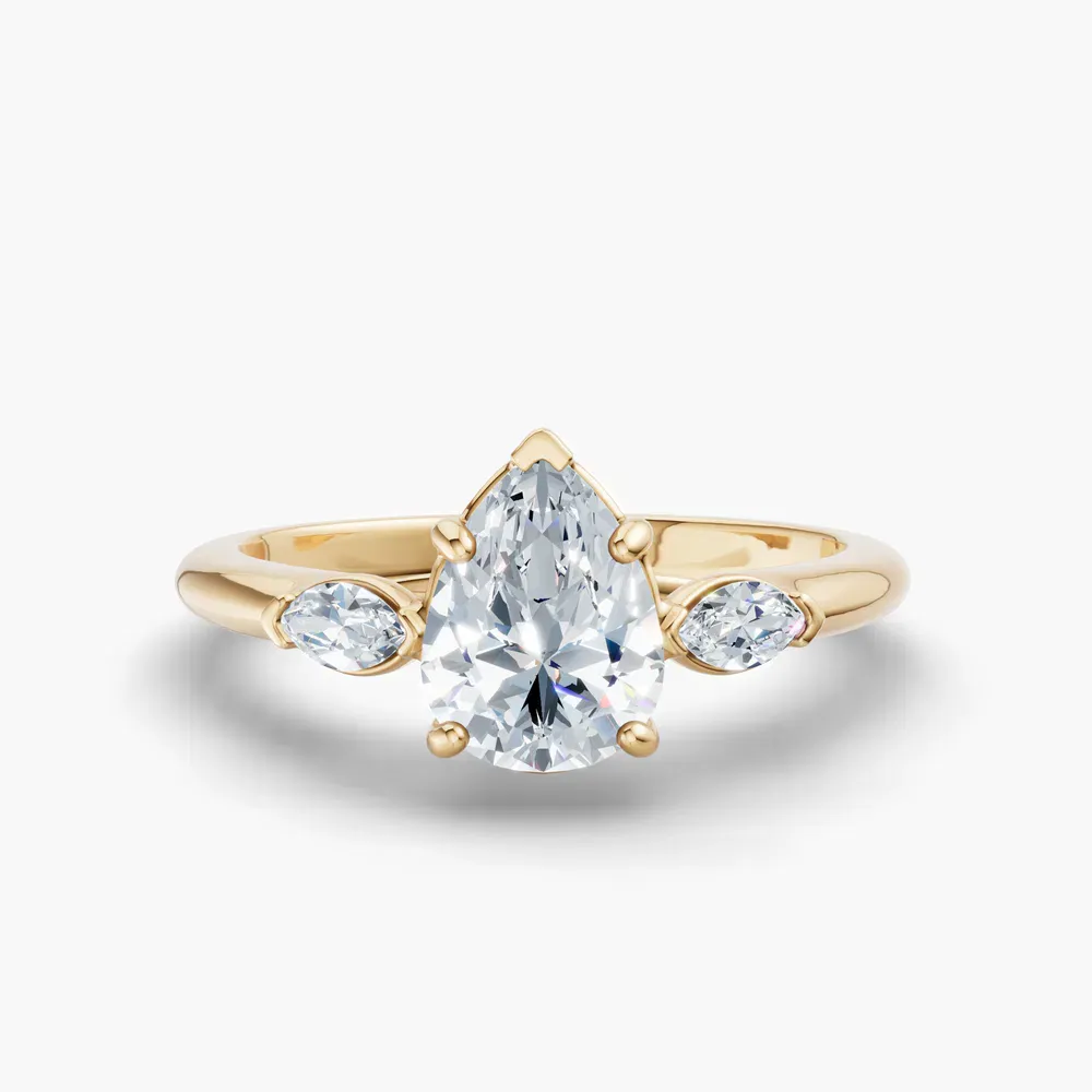 Certified 1 carat Lab Grown Diamond Pear Cut Three Stone, Side Stone Engagement Ring in 14K Yellow Gold-Glow