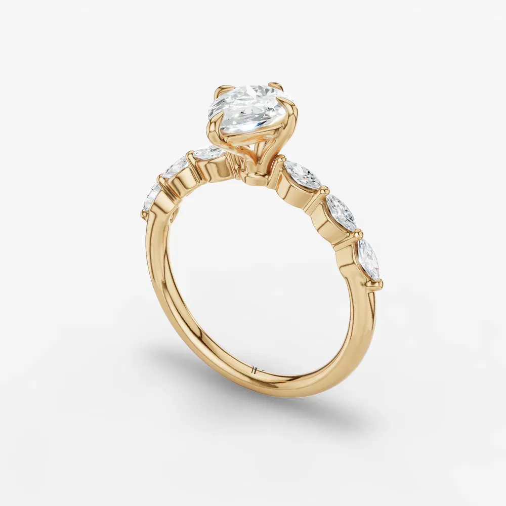 Certified 1 carat Lab Grown Diamond Pear Cut Side Stone Engagement Ring in 14K Yellow Gold-Garo