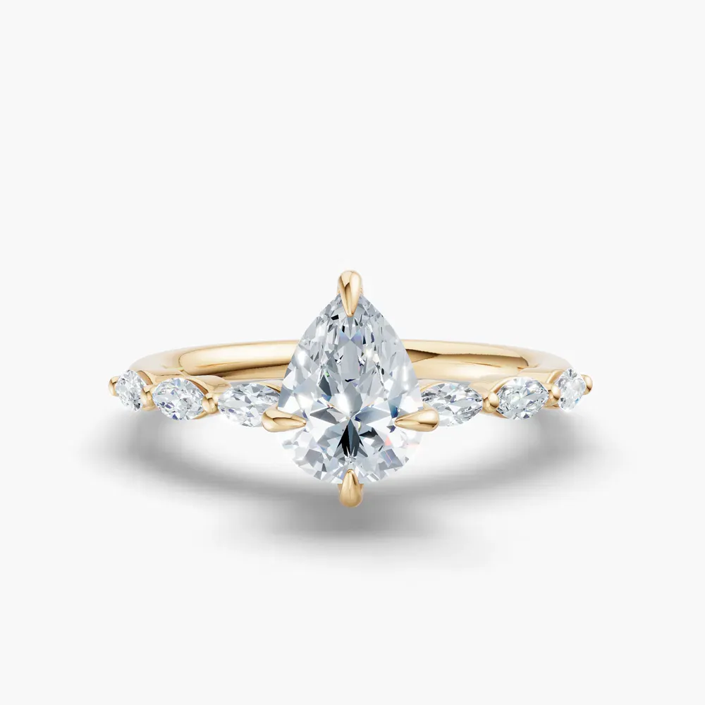 Certified 1 carat Lab Grown Diamond Pear Cut Side Stone Engagement Ring in 14K Yellow Gold-Garo
