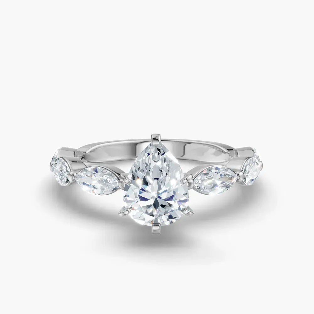 Certified 1 carat Lab Grown Diamond Pear Cut Side Stone Engagement Ring in 14K White Gold-Trind