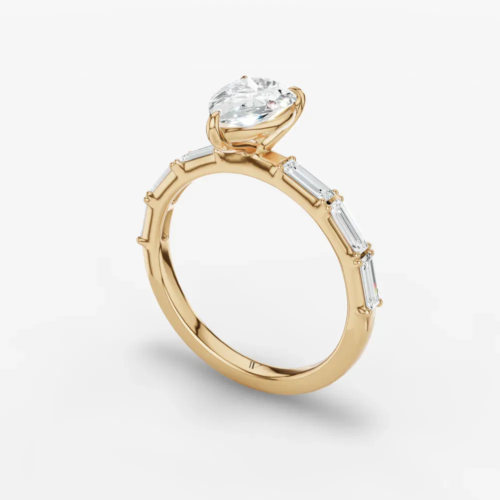 Certified 1 carat Lab Grown Diamond Pear Cut Baguette, Side Stone Engagement Ring in 14K Yellow Gold-Lunark