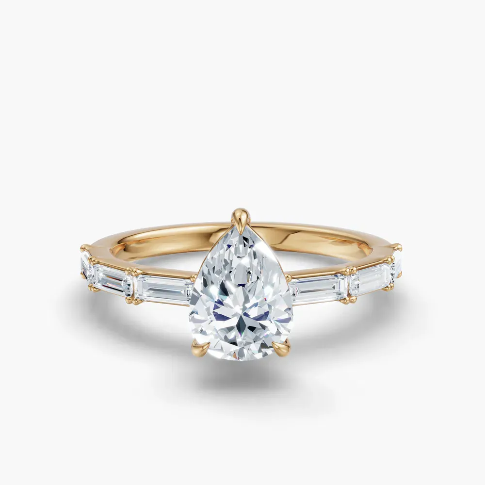 Certified 1 carat Lab Grown Diamond Pear Cut Baguette, Side Stone Engagement Ring in 14K Yellow Gold-Lunark