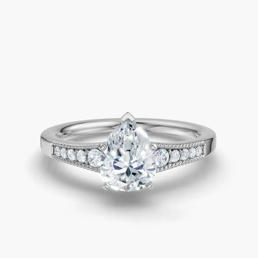 Certified 1 carat Lab Grown Diamond Pear Cut Milgrain, Pavé, Side Stone Engagement Ring in 14K White Gold-Rosca