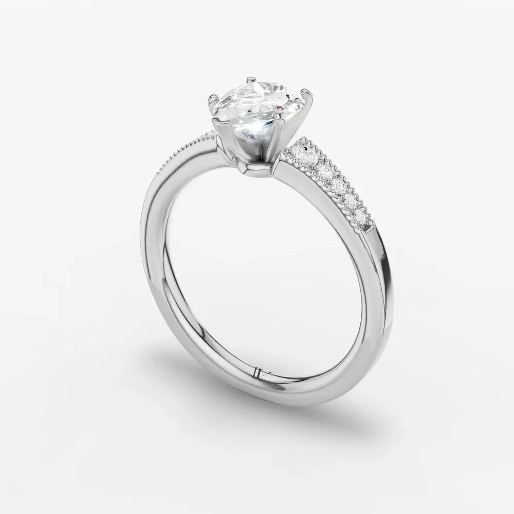 Certified 1 carat Lab Grown Diamond Pear Cut Milgrain, Pavé, Side Stone Engagement Ring in 14K White Gold-Rosca