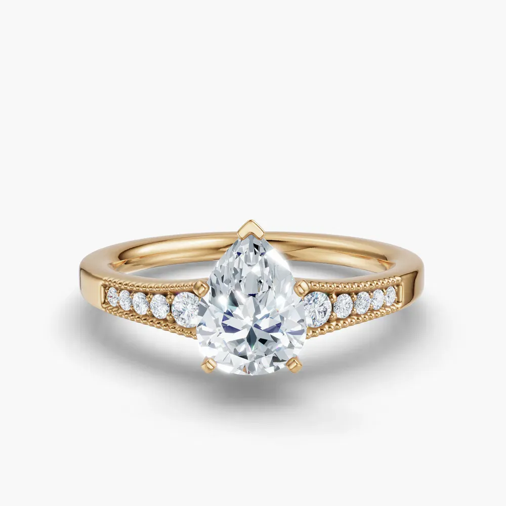 Certified 1 carat Lab Grown Diamond Pear Cut Milgrain, Pavé, Side Stone Engagement Ring in 14K Yellow Gold-Rosca