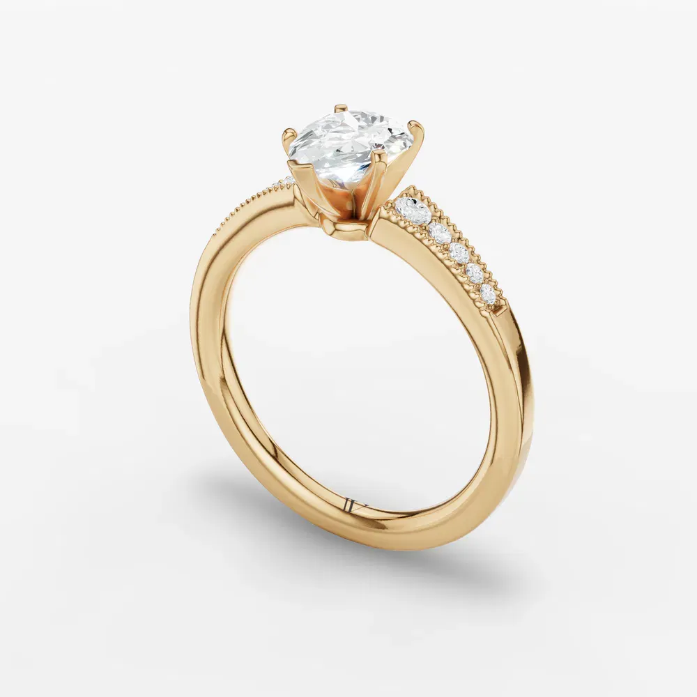 Certified 1 carat Lab Grown Diamond Pear Cut Milgrain, Pavé, Side Stone Engagement Ring in 14K Yellow Gold-Rosca