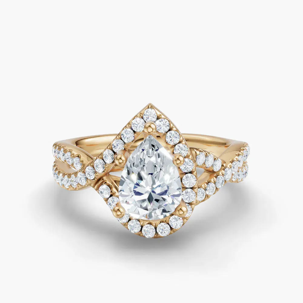 Certified 1 carat Lab Grown Diamond Pear Cut Unique, Pavé, Halo Engagement Ring in 14K Yellow Gold-Stellune