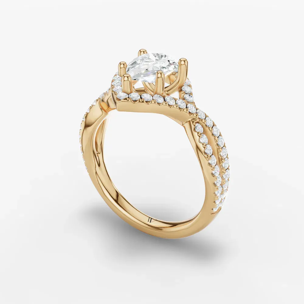 Certified 1 carat Lab Grown Diamond Pear Cut Unique, Pavé, Halo Engagement Ring in 14K Yellow Gold-Stellune