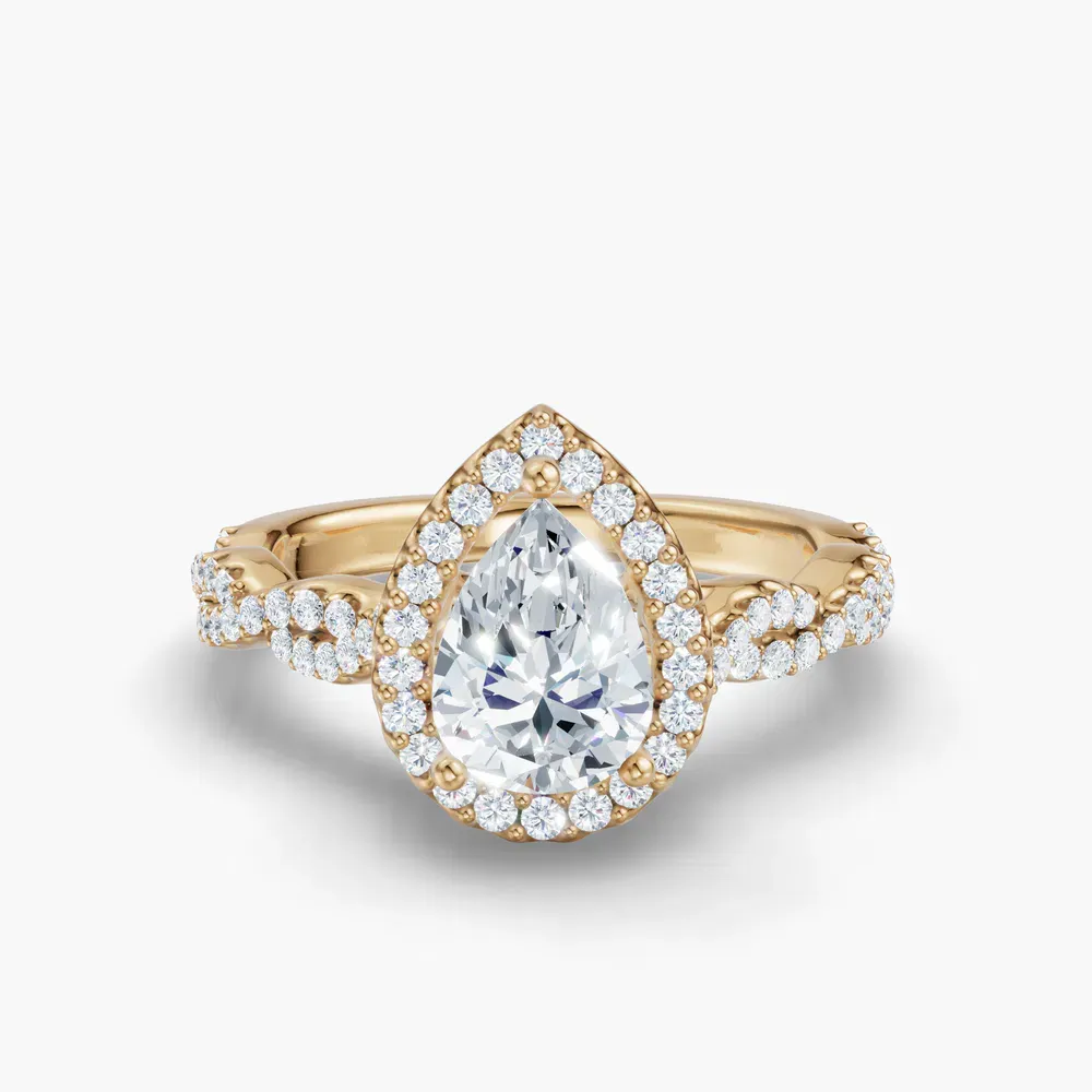 Certified 1 carat Lab Grown Diamond Pear Cut Halo, Pavé, Twist Engagement Ring in 14K Yellow Gold-Meraki