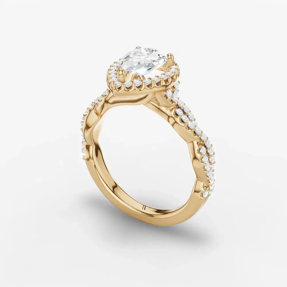 Certified 1 carat Lab Grown Diamond Pear Cut Halo, Pavé, Twist Engagement Ring in 14K Yellow Gold-Meraki