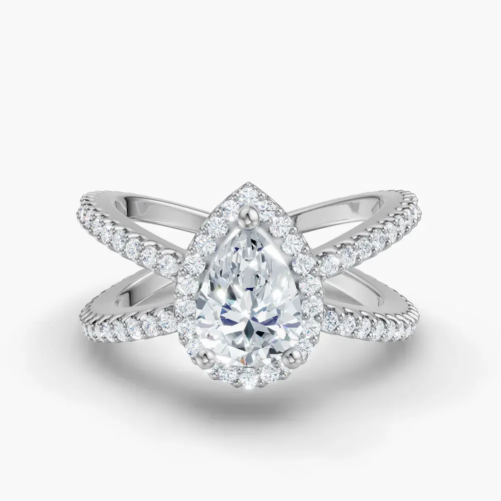 Certified 1 carat Lab Grown Diamond Pear Cut Pavé, Halo, Split Shank Engagement Ring in 14K White Gold-Xylius