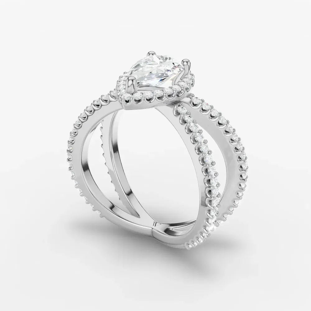 Certified 1 carat Lab Grown Diamond Pear Cut Pavé, Halo, Split Shank Engagement Ring in 14K White Gold-Xylius