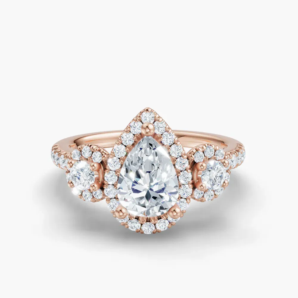 Certified 1 carat Lab Grown Diamond Pear Cut Three Stone, Halo, Hidden Halo Engagement Ring in 14K Rose Gold-Hylor