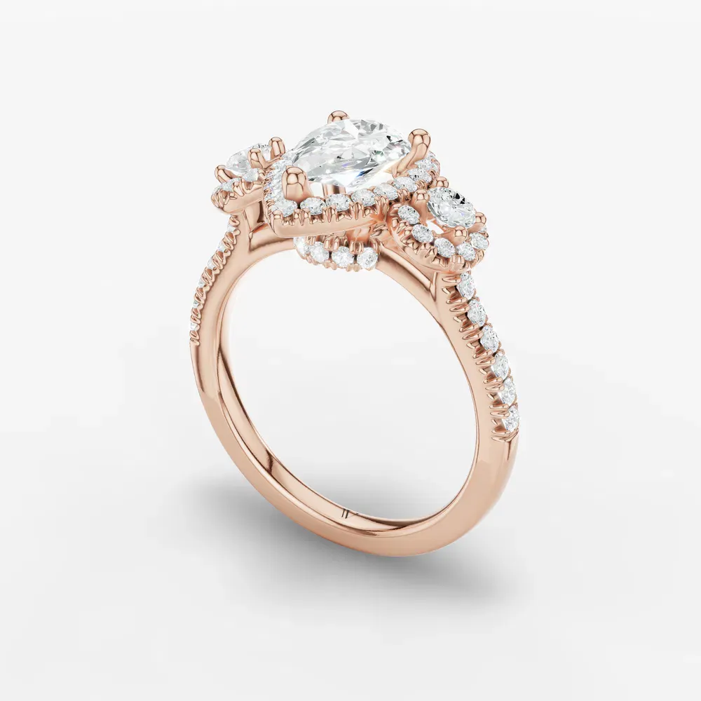 Certified 1 carat Lab Grown Diamond Pear Cut Three Stone, Halo, Hidden Halo Engagement Ring in 14K Rose Gold-Hylor