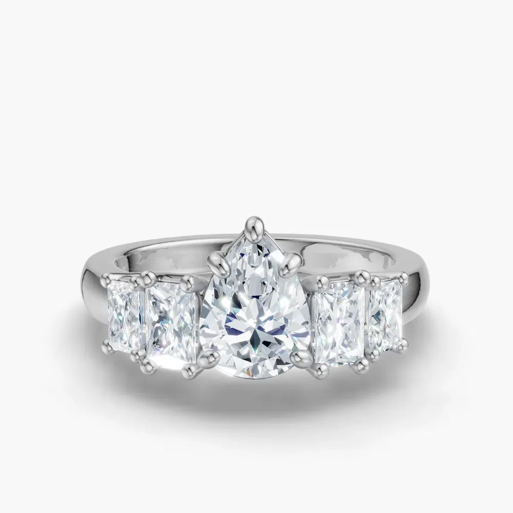 Certified 1 carat Lab Grown Diamond Pear Cut Five Stone, Side Stone Engagement Ring in 14K White Gold-Velaris
