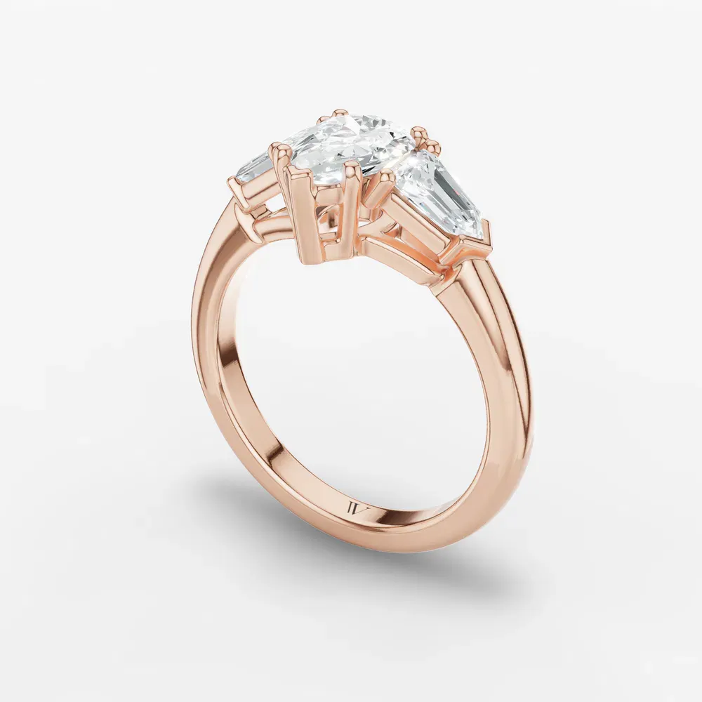 Certified 1 carat Lab Grown Diamond Pear Cut Three Stone, Side Stone Engagement Ring in 14K Rose Gold-Lyris