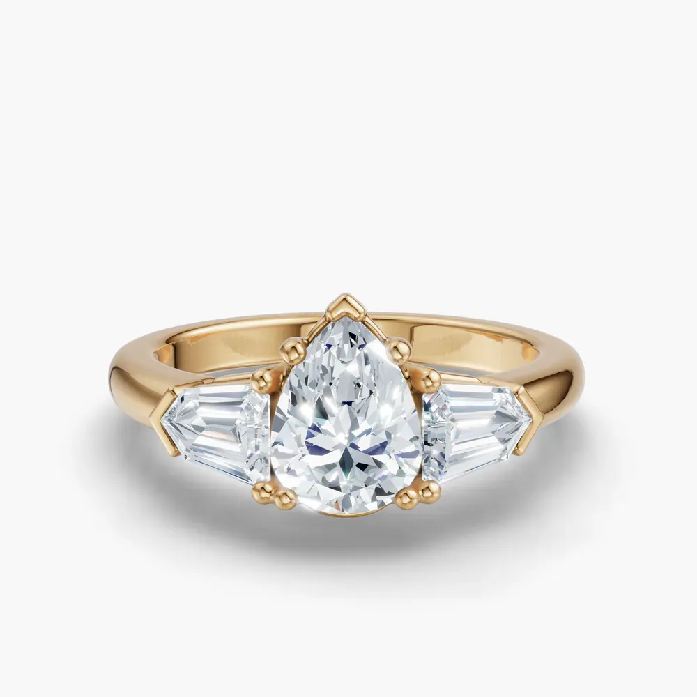 Certified 1 carat Lab Grown Diamond Pear Cut Three Stone, Side Stone Engagement Ring in 14K Yellow Gold-Lyris