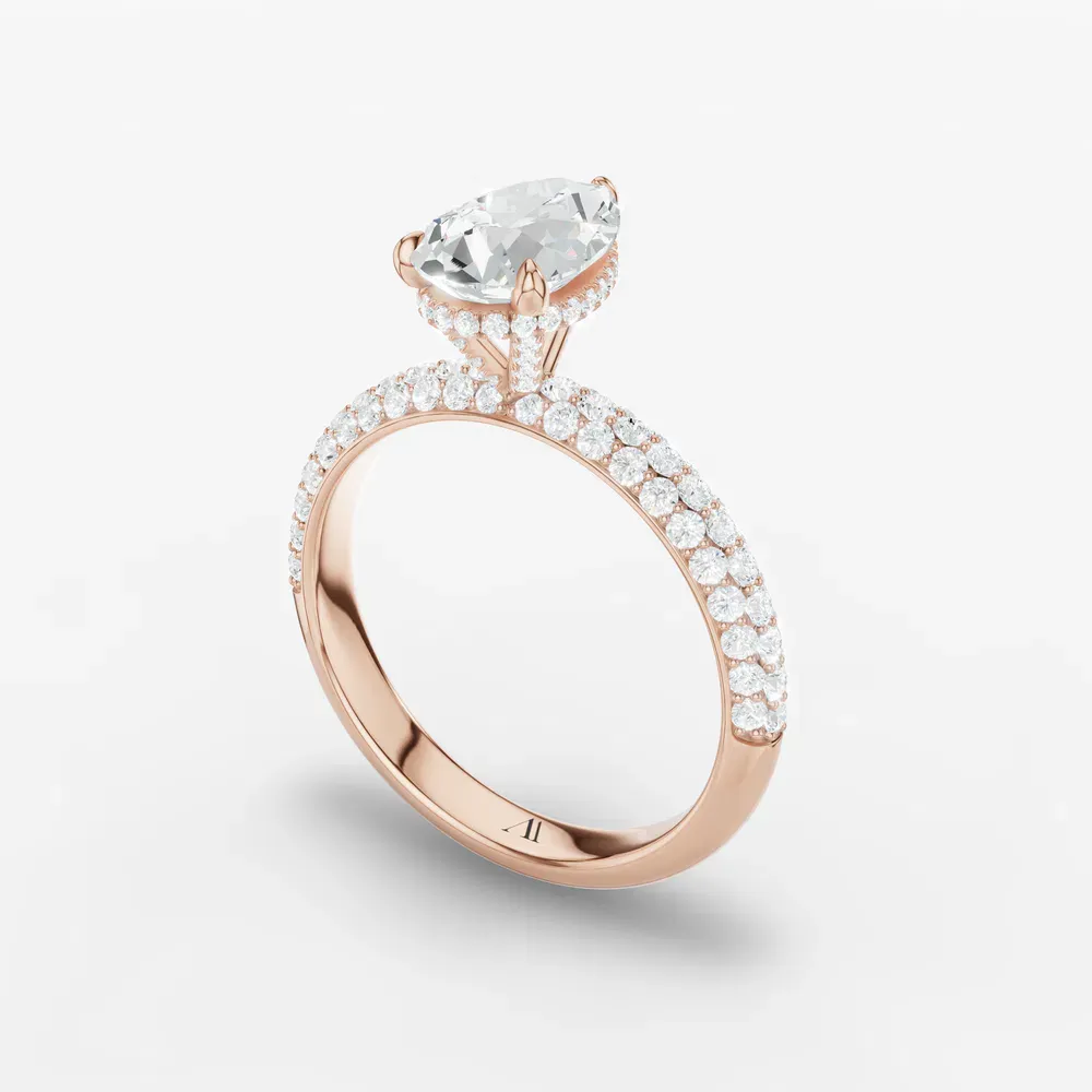 Certified 2 carat Lab Grown Diamond Pear Cut Pavé, Hidden Halo Engagement Ring in 14K Rose Gold-Lyre