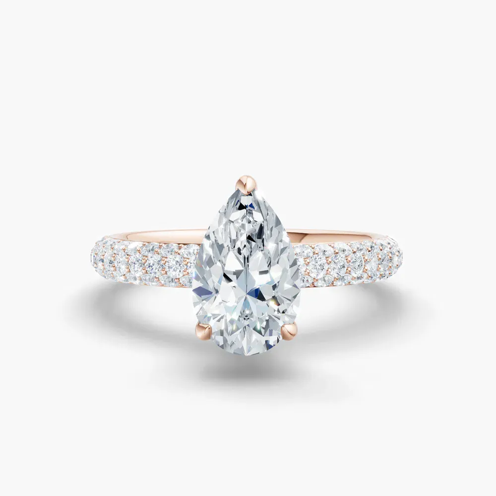 Certified 2 carat Lab Grown Diamond Pear Cut Pavé, Hidden Halo Engagement Ring in 14K Rose Gold-Lyre