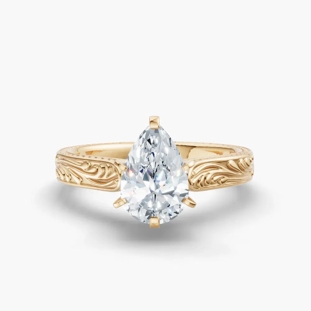 Certified 1 carat Lab Grown Diamond Pear Cut Solitaire, Vintage, Cathedral Engagement Ring in 14K Yellow Gold-Nael