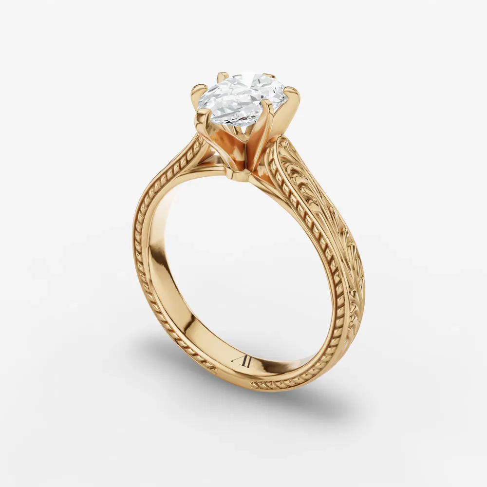 Certified 1 carat Lab Grown Diamond Pear Cut Solitaire, Vintage, Cathedral Engagement Ring in 14K Yellow Gold-Nael