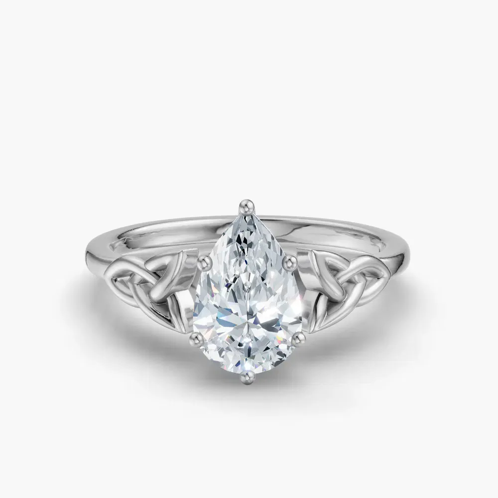Certified 1 carat Lab Grown Diamond Pear Cut Solitaire, Cathedral, Celtic Engagement Ring in 14K White Gold-Vire