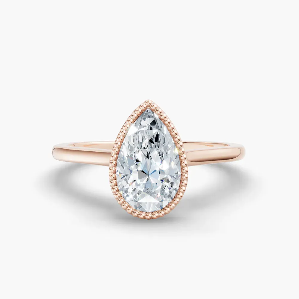 Certified 2 carat Lab Grown Diamond Pear Cut Solitaire, Milgrain, Cathedral Engagement Ring in 14K Rose Gold-Firen