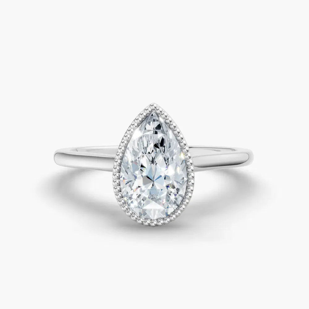 Certified 1 carat Lab Grown Diamond Pear Cut Solitaire, Milgrain, Cathedral Engagement Ring in 14K White Gold-Firen