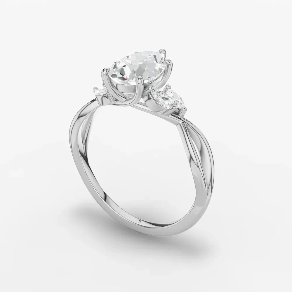 Certified 1 carat Lab Grown Diamond Pear Cut Twist, Split Shank, Side Stone Engagement Ring in 14K White Gold-Mena