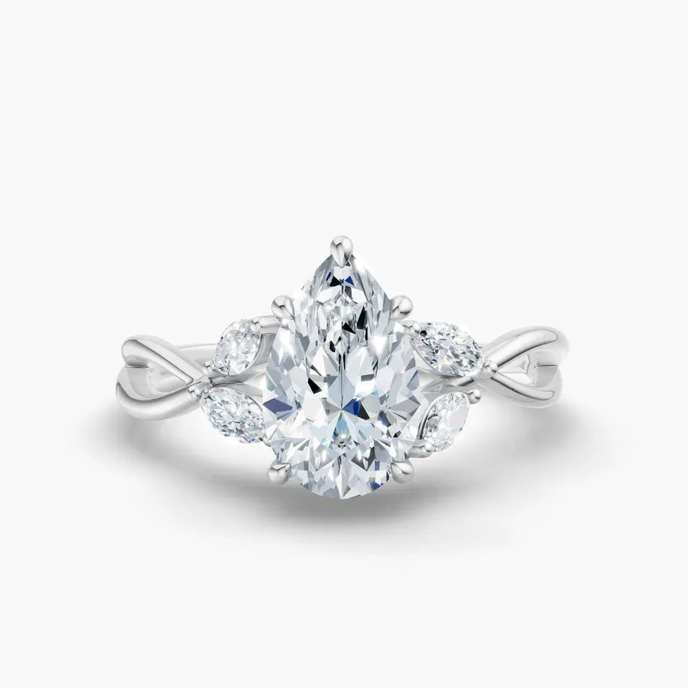 Certified 1 carat Lab Grown Diamond Pear Cut Twist, Split Shank, Side Stone Engagement Ring in 14K White Gold-Mena