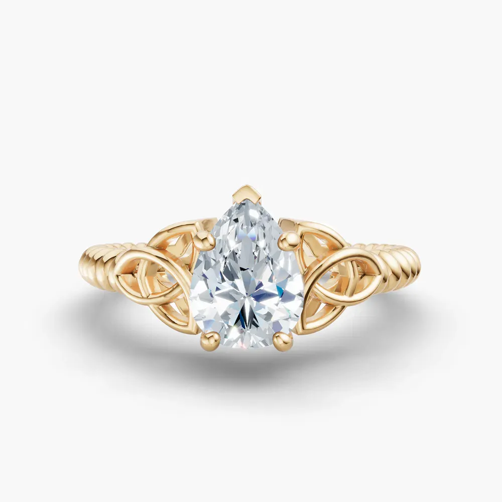 Certified 1 carat Lab Grown Diamond Pear Cut Solitaire, Twist, Celtic Engagement Ring in 14K Yellow Gold-Thalyn