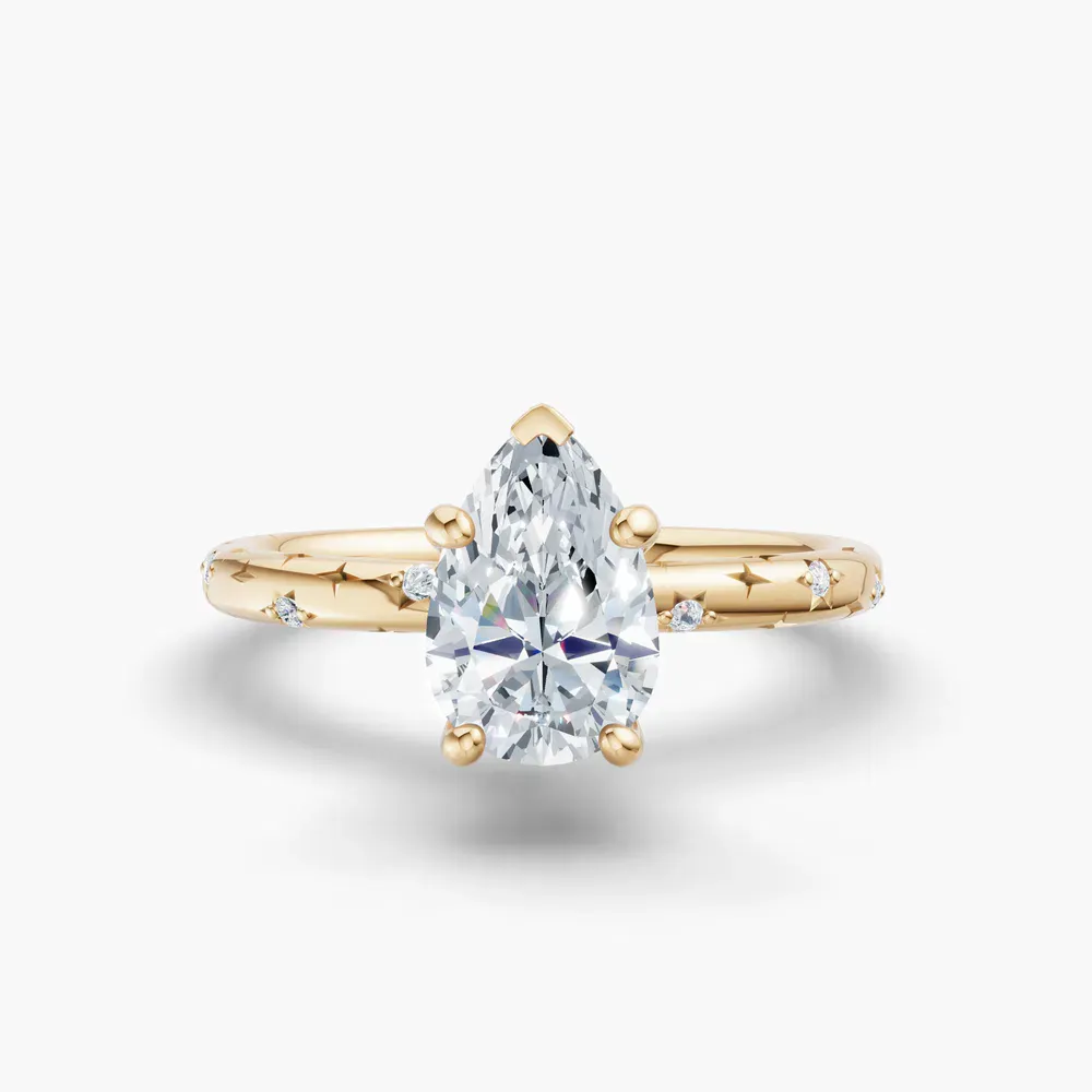 Certified 1 carat Lab Grown Diamond Pear Cut Hidden Halo, Unique, Side Stone Engagement Ring in 14K Yellow Gold-Celestyn