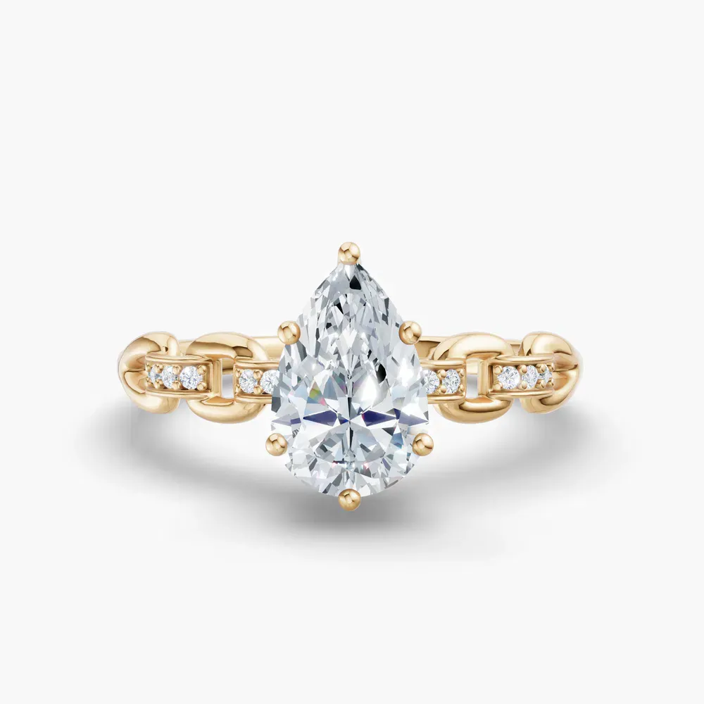 Certified 1 carat Lab Grown Diamond Pear Cut Twist, Unique, Side Stone Engagement Ring in 14K Yellow Gold-Perenne