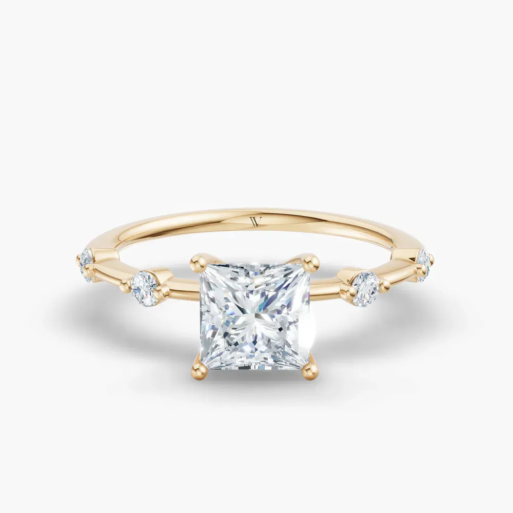 Certified 1 carat Lab Grown Diamond Princess Cut Low profile, Side Stone Engagement Ring in 14K Yellow Gold-Hriw