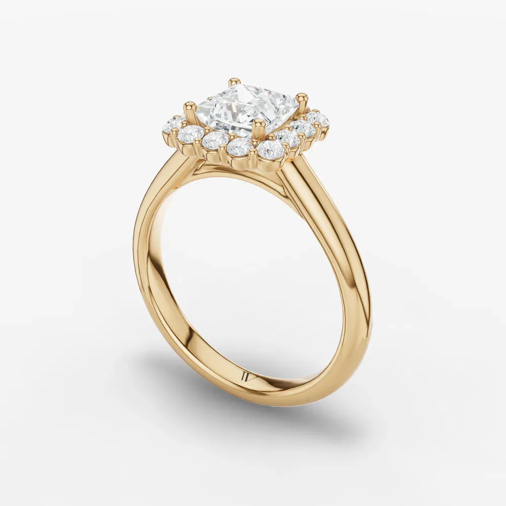Certified 1 carat Lab Grown Diamond Princess Cut Cathedral, Halo, Floral Engagement Ring in 14K Yellow Gold-Arwen