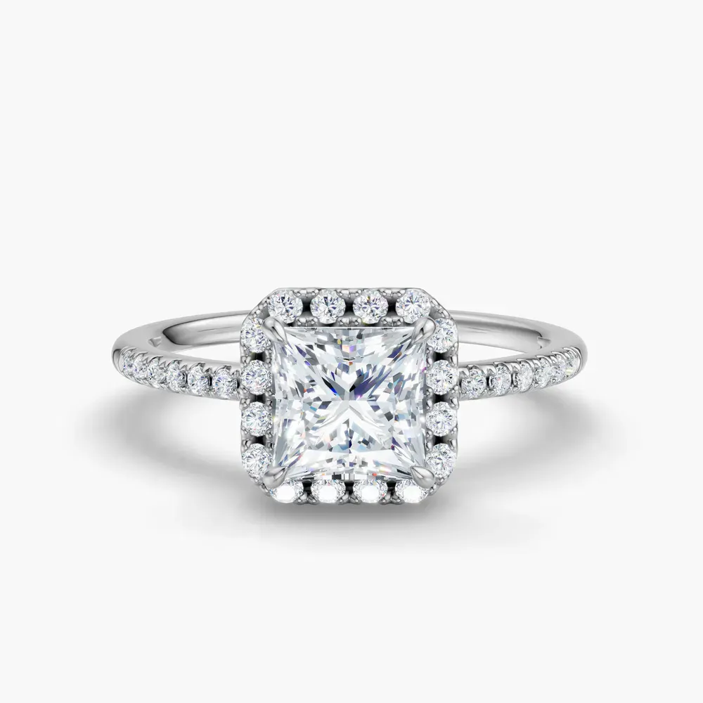 Certified 1 carat Lab Grown Diamond Princess Cut Halo, Pavé, Classic Engagement Ring in 14K White Gold-Elite Vaelumette