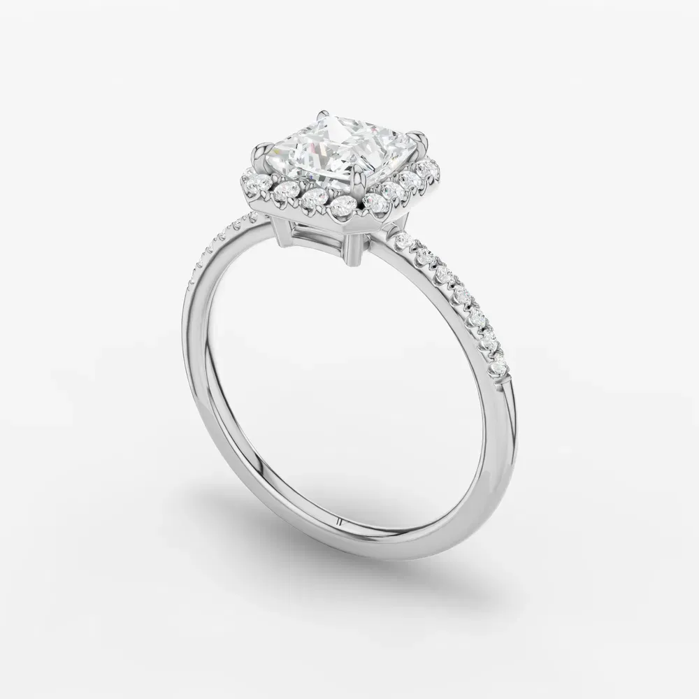 Certified 1 carat Lab Grown Diamond Princess Cut Halo, Pavé, Classic Engagement Ring in 14K White Gold-Elite Vaelumette
