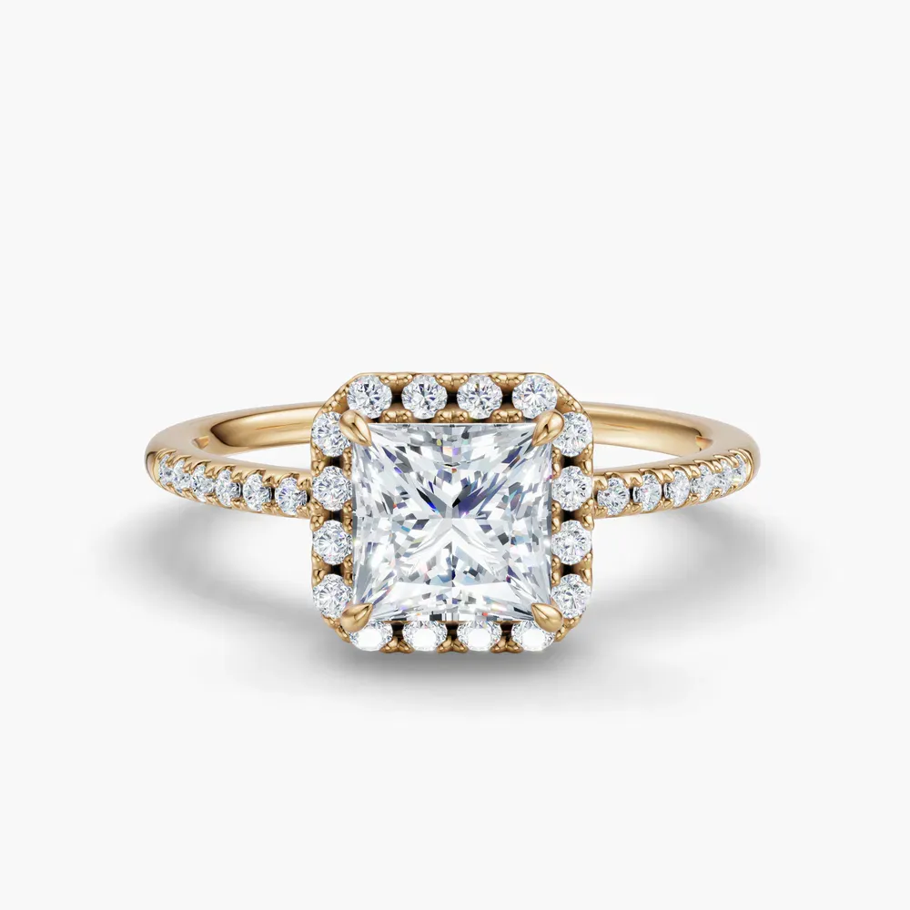 Certified 1 carat Lab Grown Diamond Princess Cut Halo, Pavé, Classic Engagement Ring in 14K Yellow Gold-Elite Vaelumette