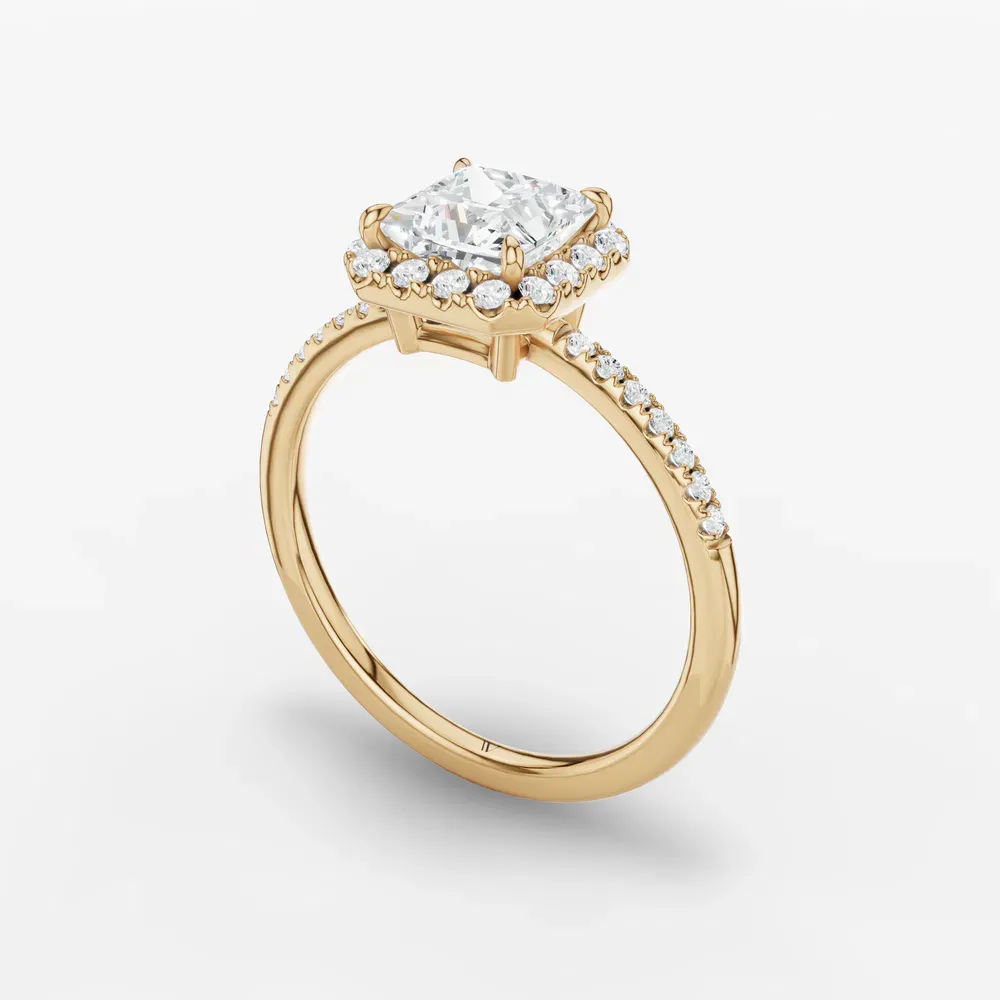 Certified 1 carat Lab Grown Diamond Princess Cut Halo, Pavé, Classic Engagement Ring in 14K Yellow Gold-Elite Vaelumette