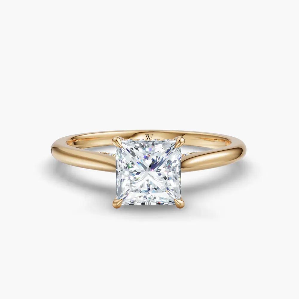 Certified 1 carat Lab Grown Diamond Princess Cut Hidden Halo, Cathedral, Solitaire Engagement Ring in 14K Yellow Gold-Wrenq