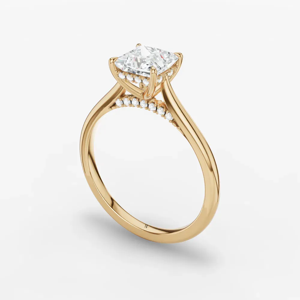 Certified 1 carat Lab Grown Diamond Princess Cut Hidden Halo, Cathedral, Solitaire Engagement Ring in 14K Yellow Gold-Wrenq