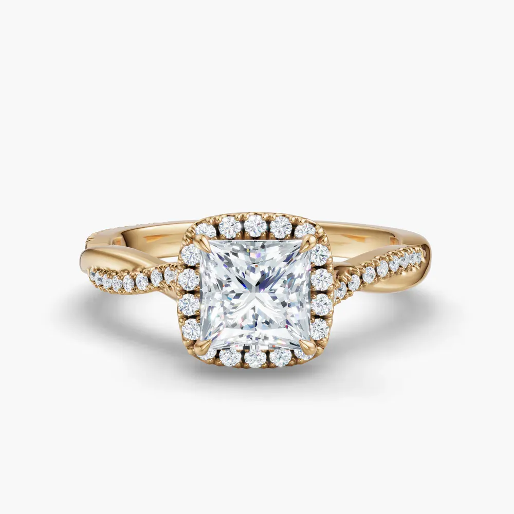 Certified 1 carat Lab Grown Diamond Princess Cut Twist, Cathedral, Pavé Engagement Ring in 14K Yellow Gold-Itic